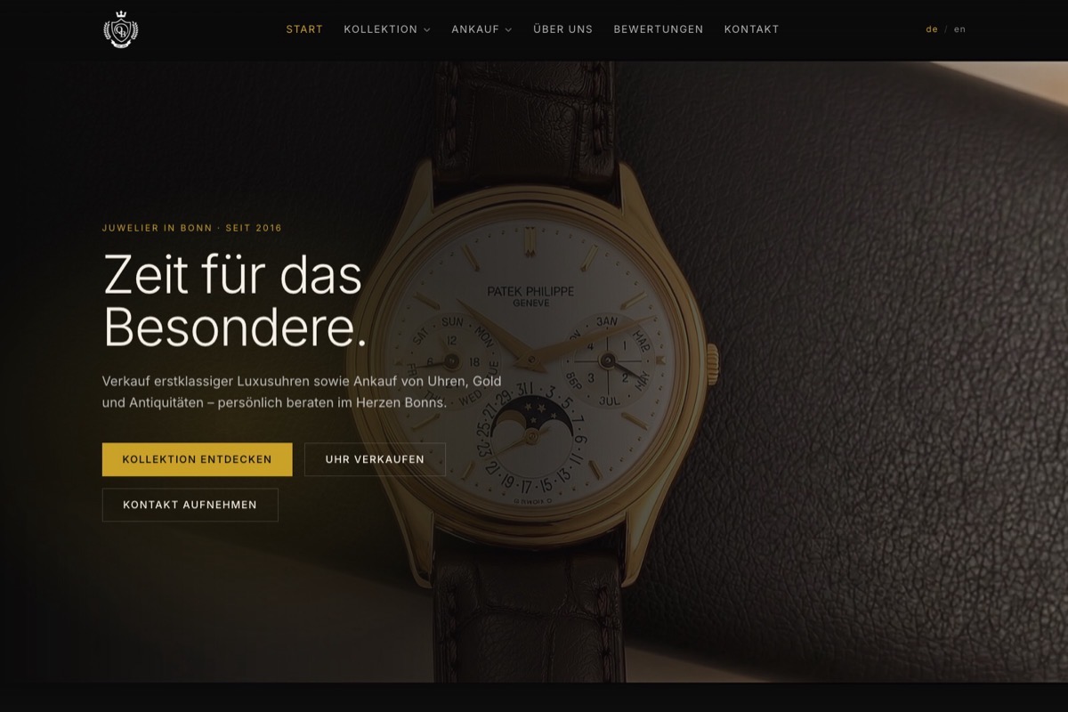 Startseite der Website des Uhrenhändlers Bonn Luxury